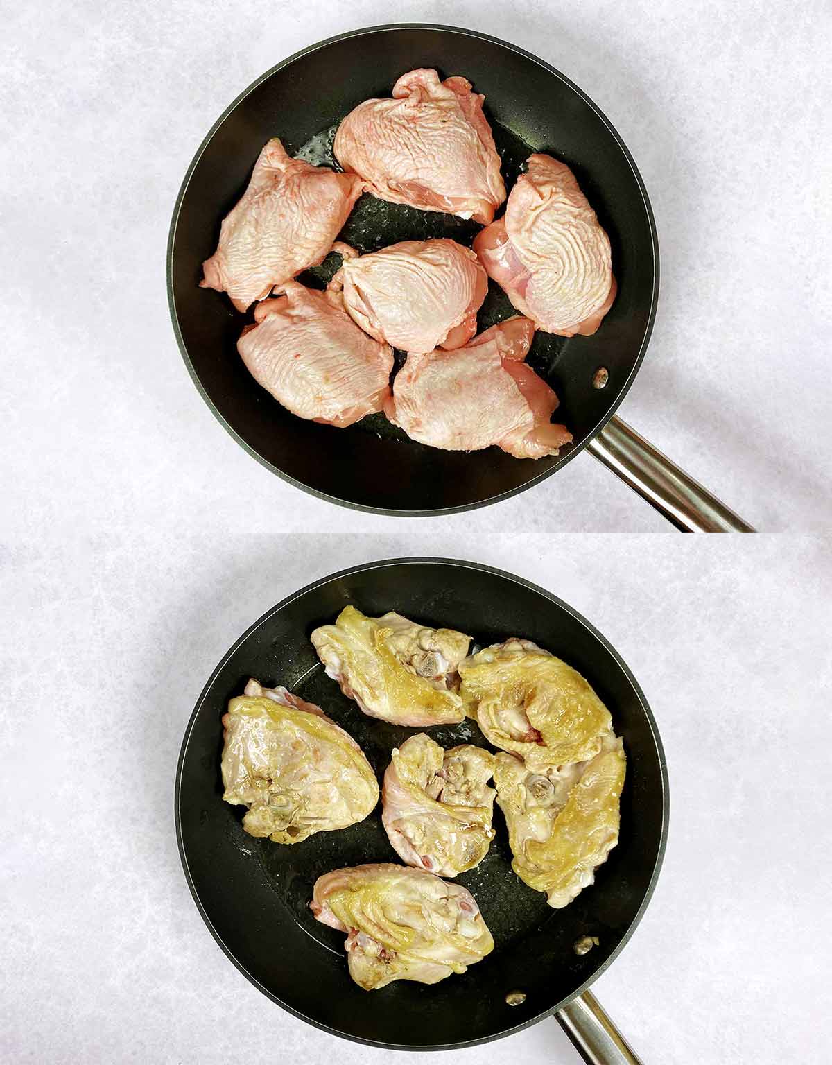 Two shot collage of a chicken cooking in a frying pan showing both sides of the chicken.