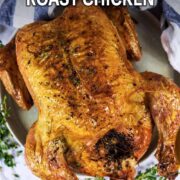 Lemon and thyme roast chicken with a text title overlay.