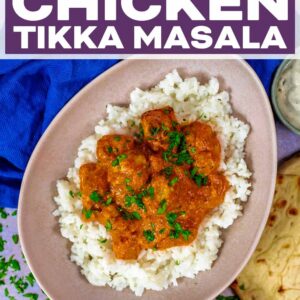 Healthy chicken tikka masala with a text title overlay.