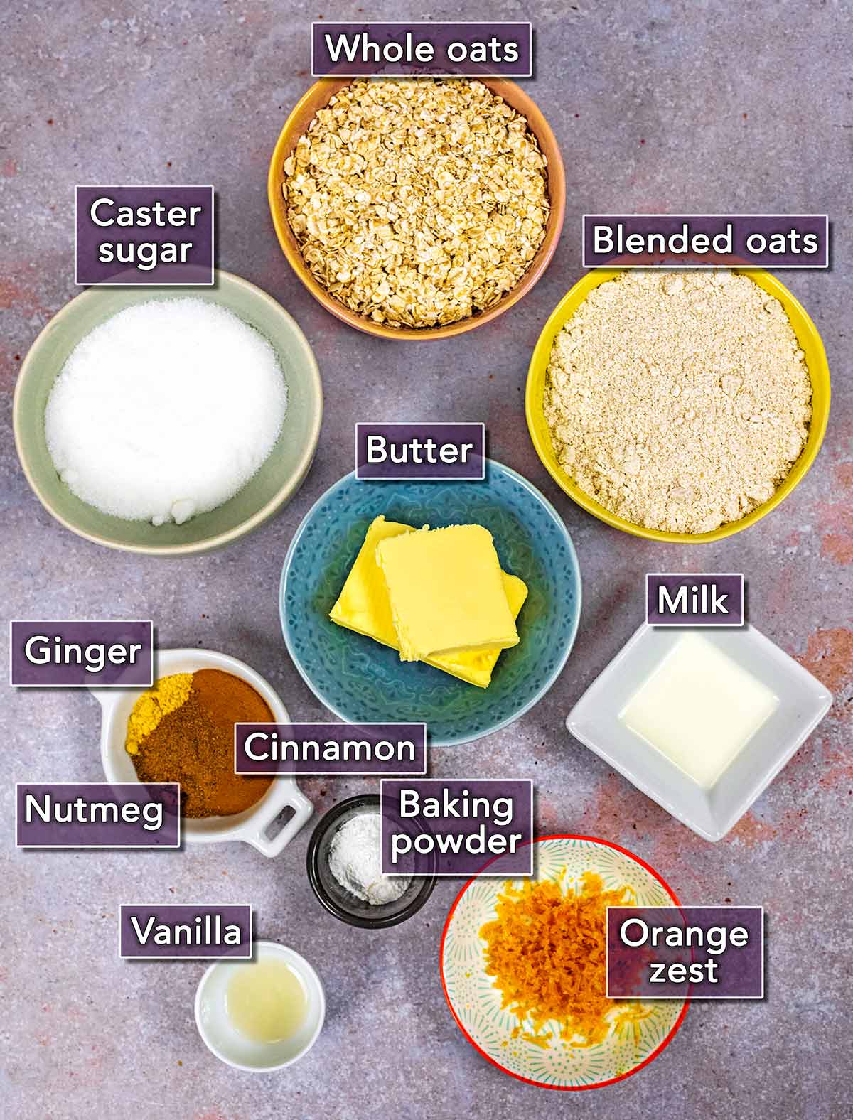 The ingredients needed for this recipe on a stone surface, each with a text overlay label.
