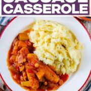 Slow cooker sausage casserole with a text title overlay.