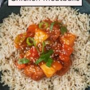 Sweet and sour chicken meatballs with a text overlay title.