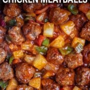 Sweet and sour chicken meatballs with a text overlay title.
