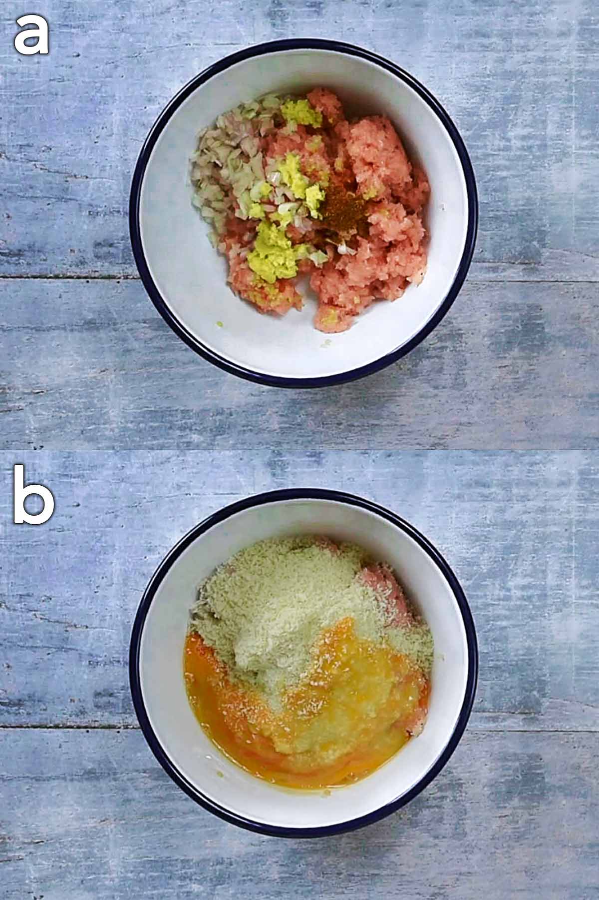 Two shot collage of ground chicken, garlic, ginger and spices, egg and breadcrumbs in a mixing bowl.