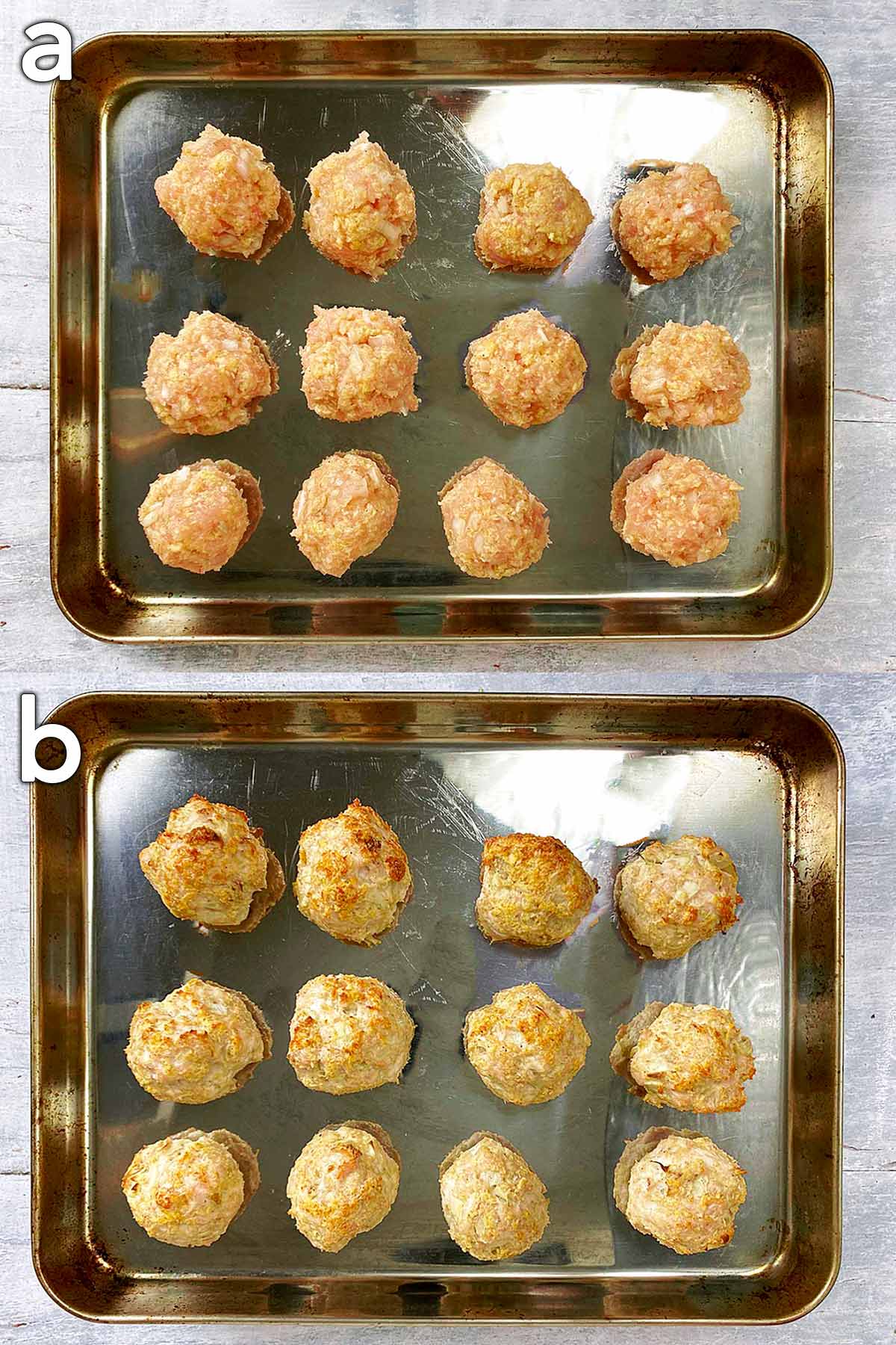 Two shot collage of meatballs on a baking tray, before and after cooking.