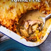 Turkey pie with a text overlay title.