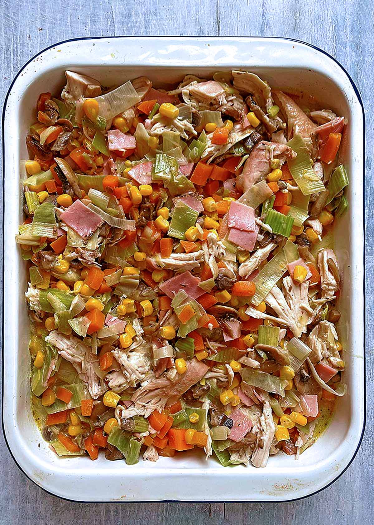 Turkey pie filling in a large baking pan.