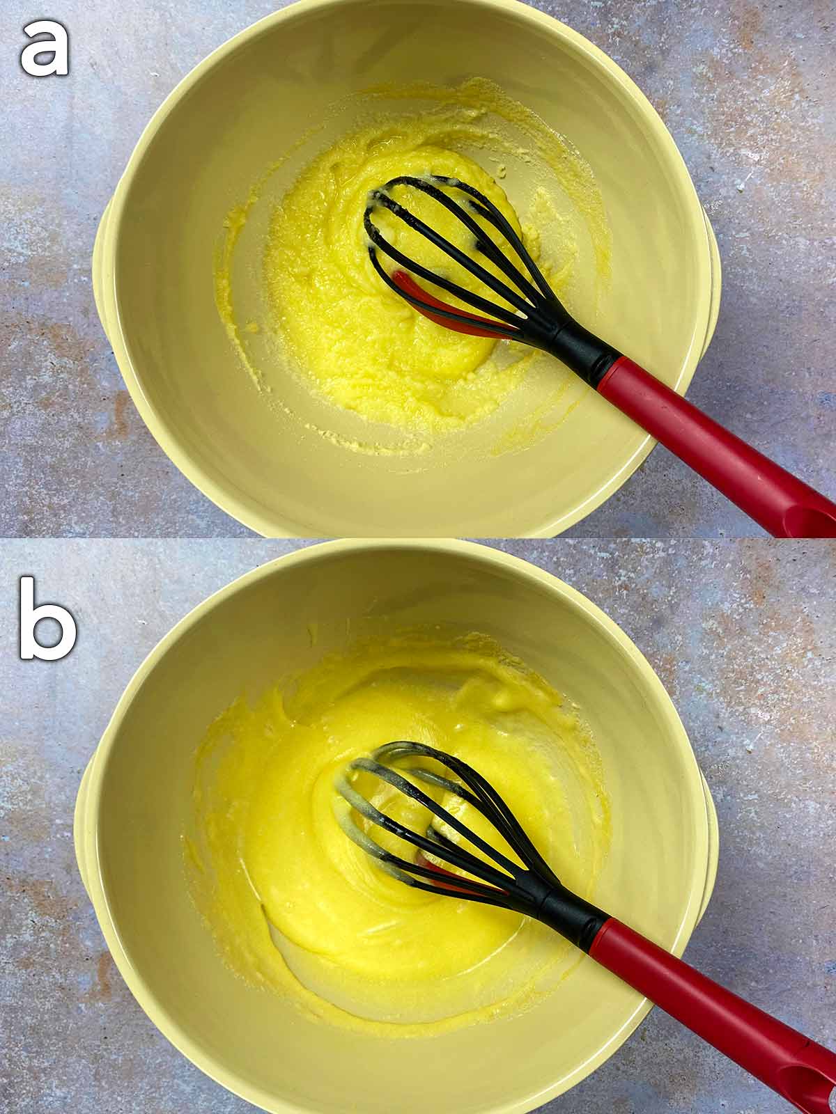A large mixing bowl with sugar and butter beaten together.