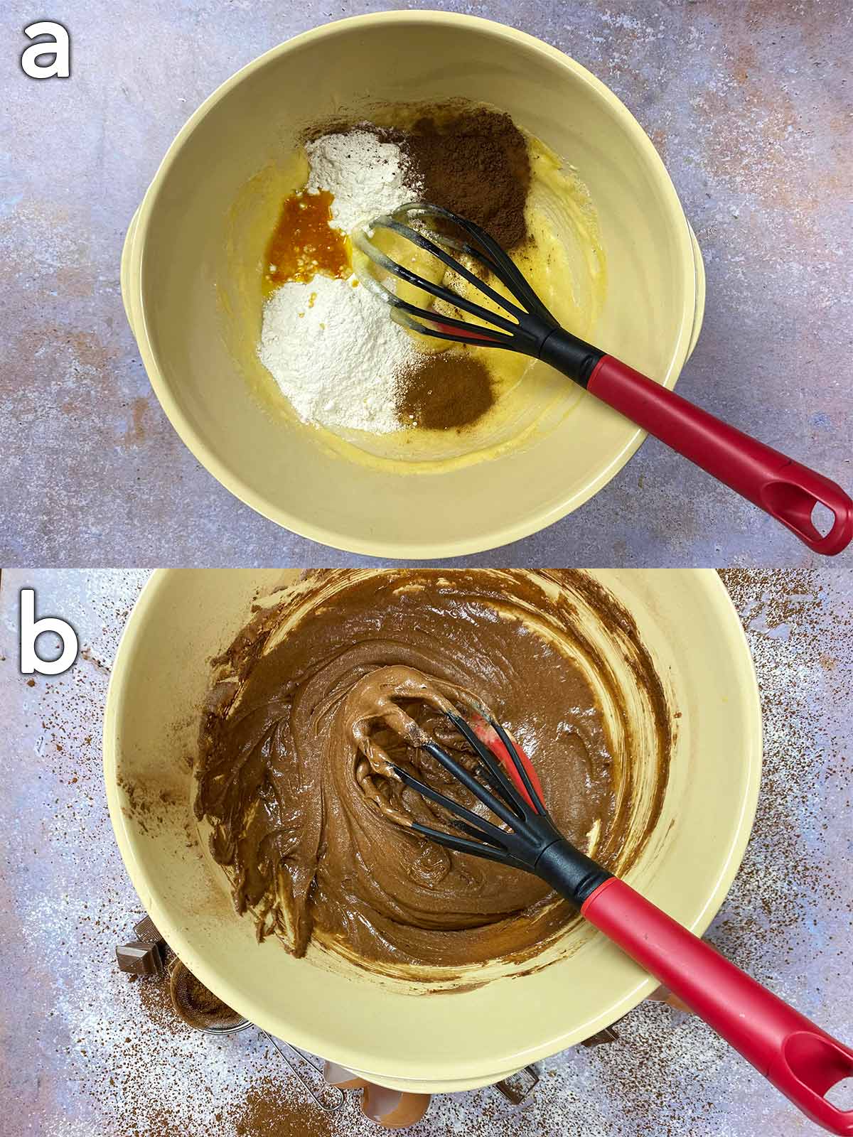 Two shot collage of flour and cocoa powder added. Then all mixed into a cake batter.