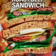 Leftover beef sandwich with a text overlay title.