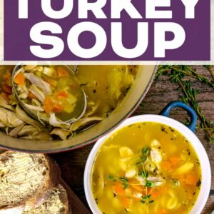 Leftover turkey soup with a text title overlay.