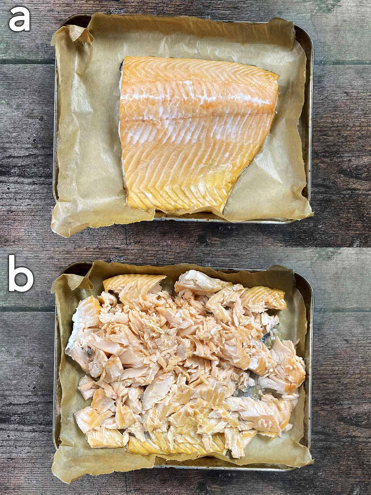 Two photo collage of salmon on a baking tray, one whole salmon side, one flaked.