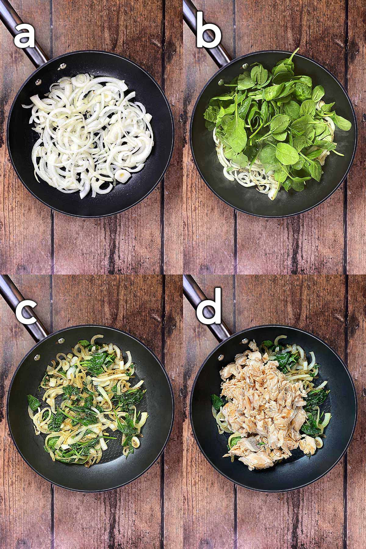 Four picture collage of onions, spinach and flaked salmon in a frying pan.