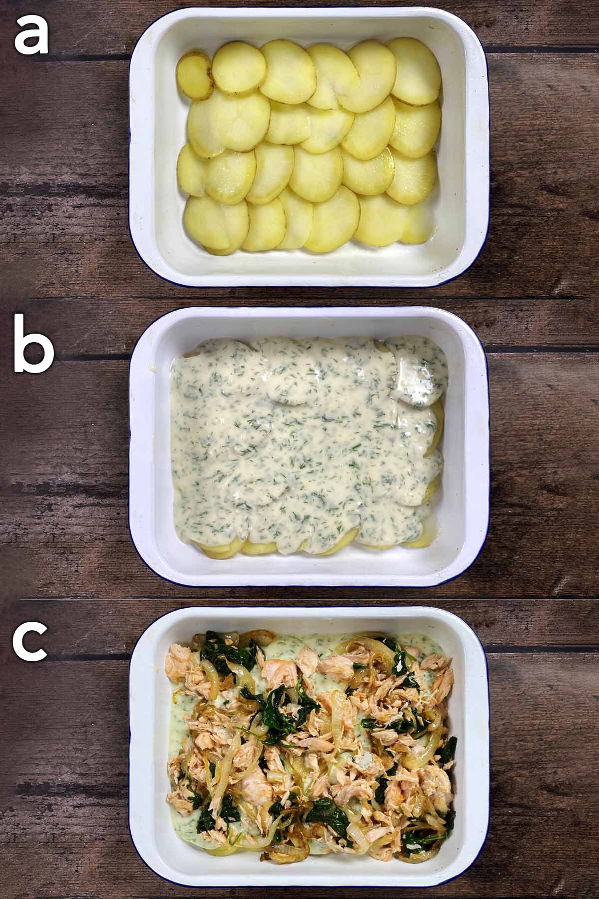 Three shot collage of a baking dish with potatoes, cheese sauce and salmon mix.