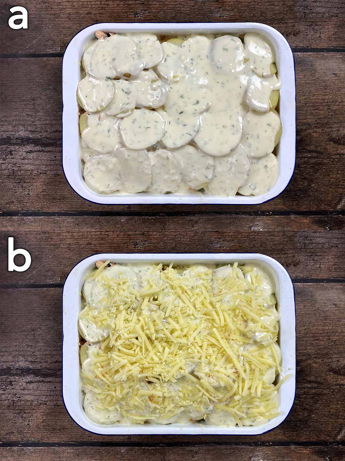 Two shot collage of salmon casserole in a baking dish, one showing cheese sauce covered potatoes, one with grated cheese on top.