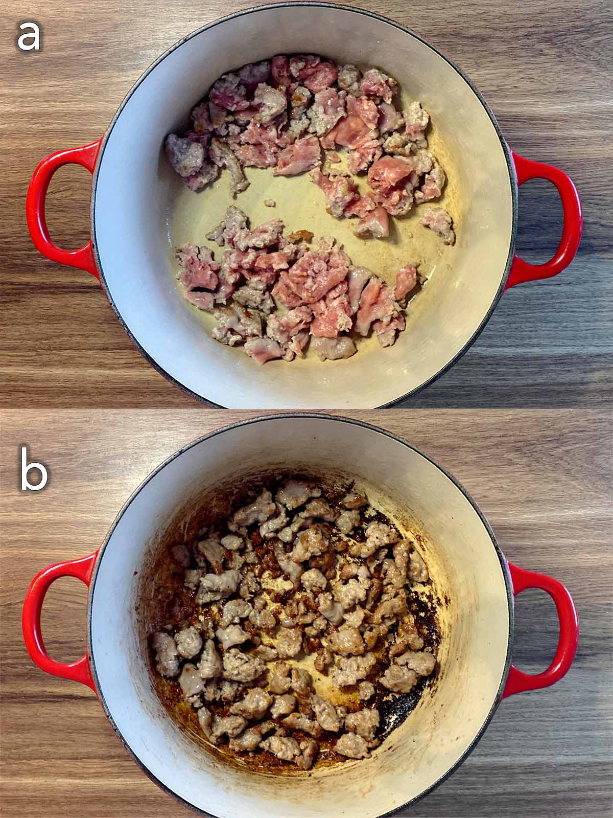 Two shot collage of sauasage meat in a large pan, before and after browning.