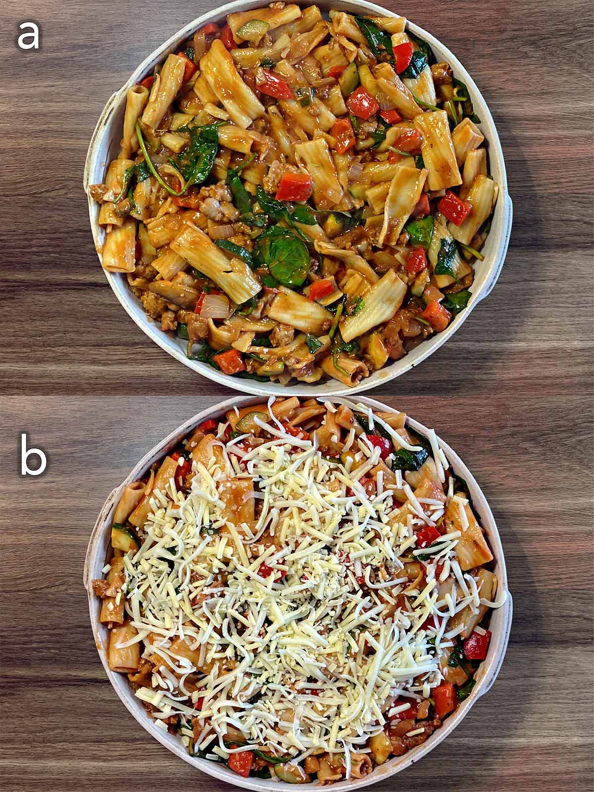 Two shot collage of the pasta mixture transferred to a baking dish, then covered in grated cheese.