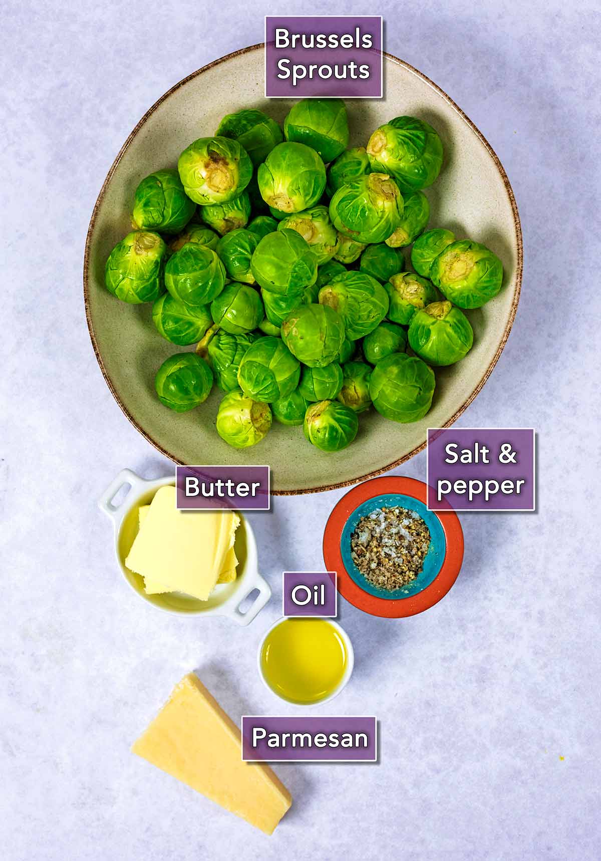 The ingredients needed for this recipe with text overlay labels.