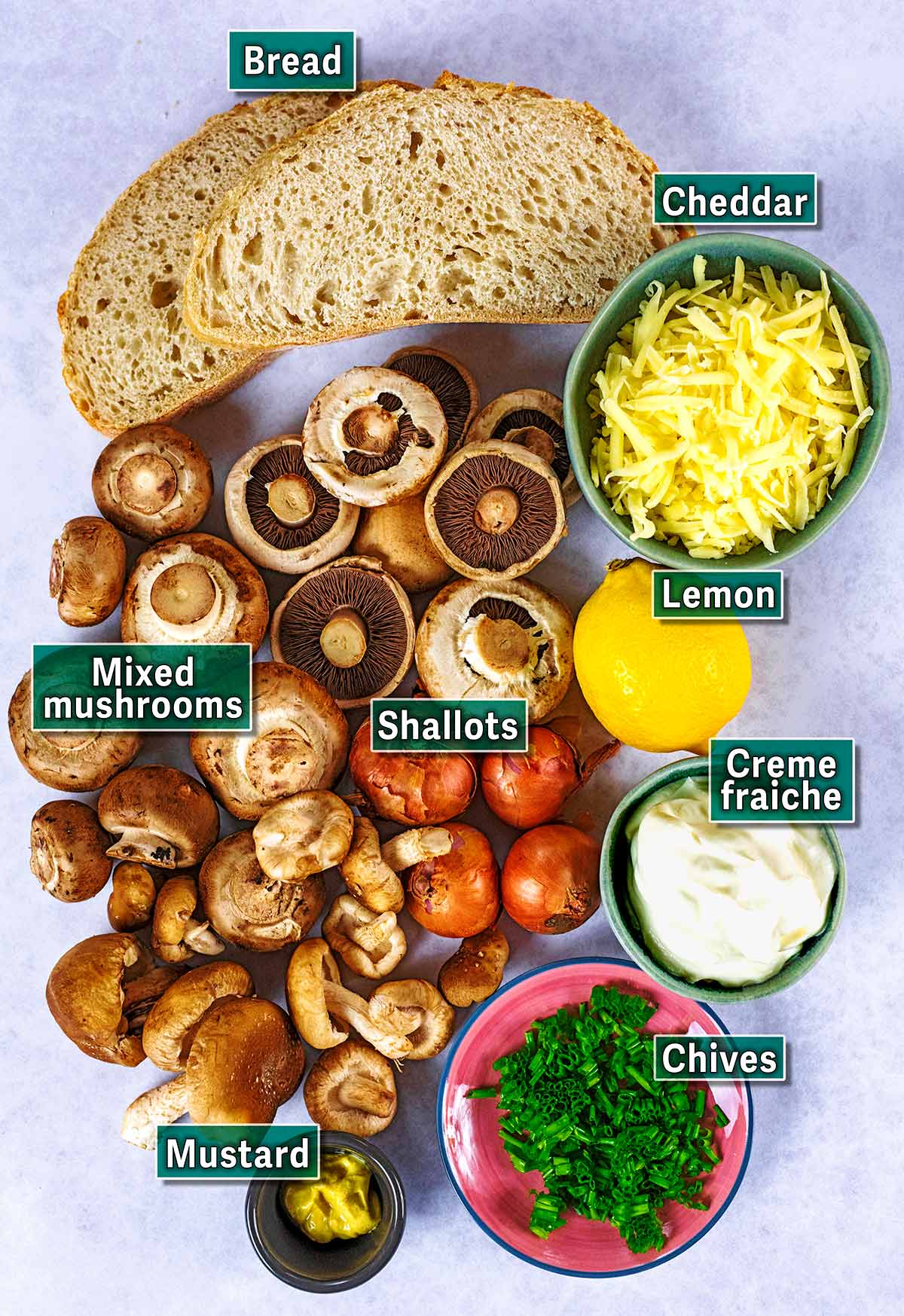 All the ingredients needed for this recipe with text overlay labels.
