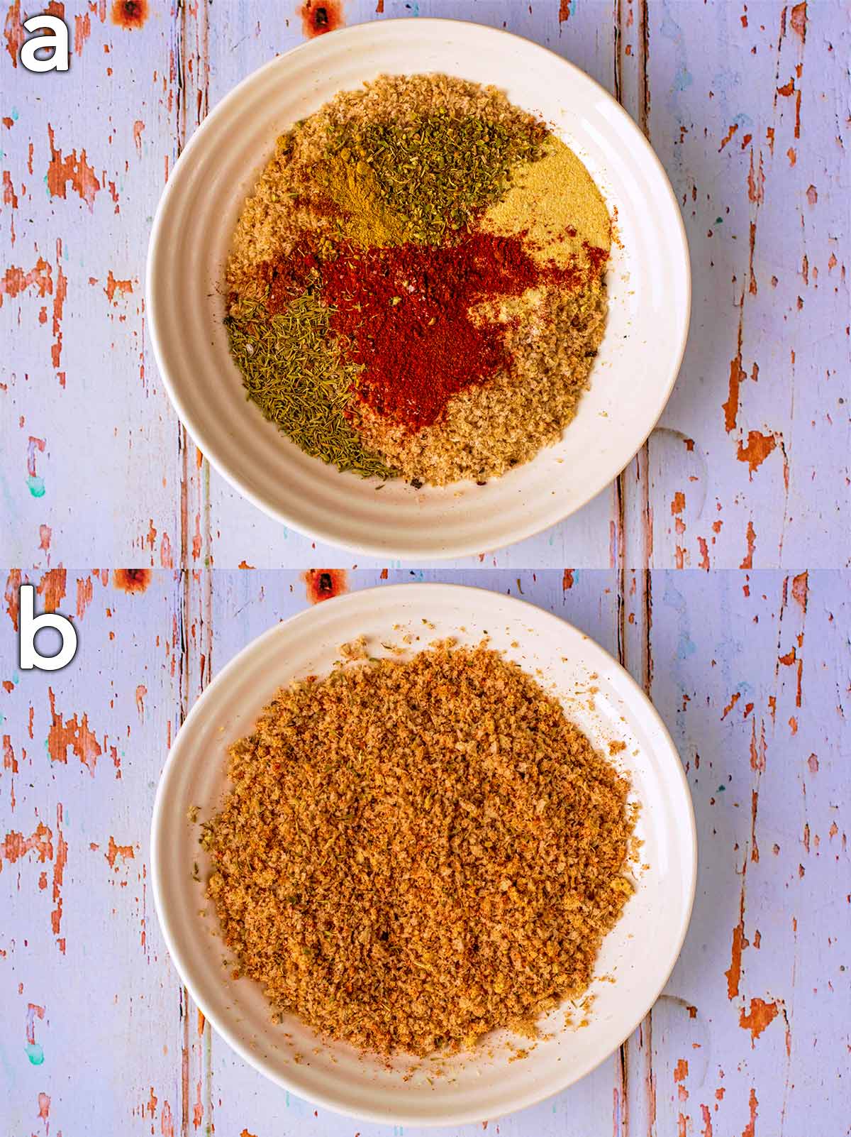 Two shot collage of breadcrumbs, herbs and spices in a bowl, before and after mixing.
