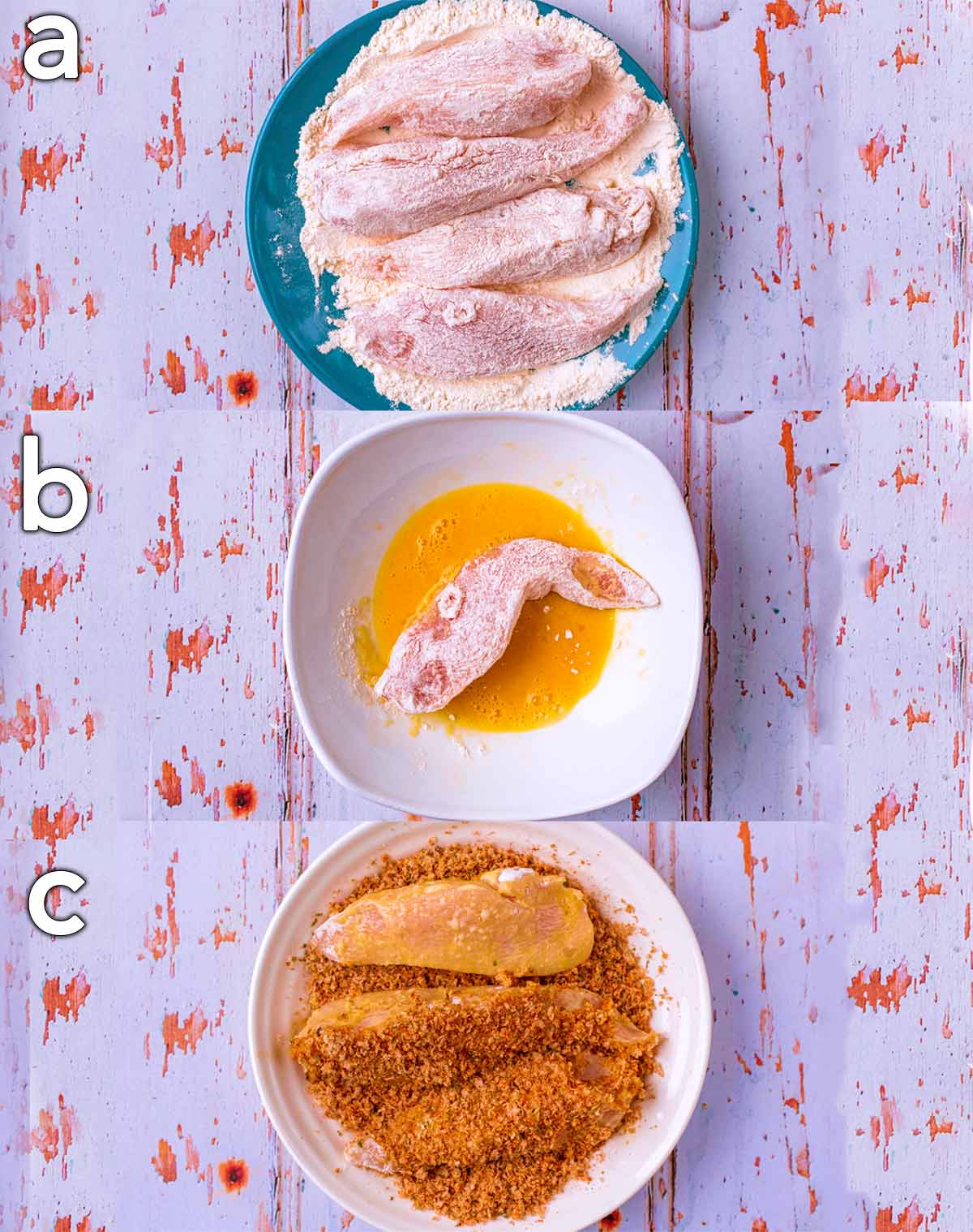 Three shot collage of chicken being dredged in the breadcrumb mixture.
