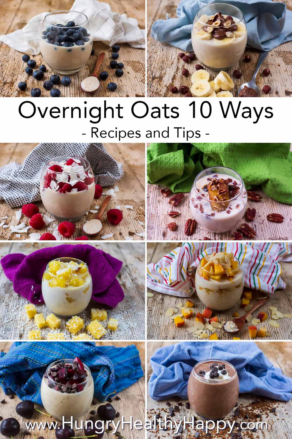 A collage of 8 different ways to serve overnight oats.