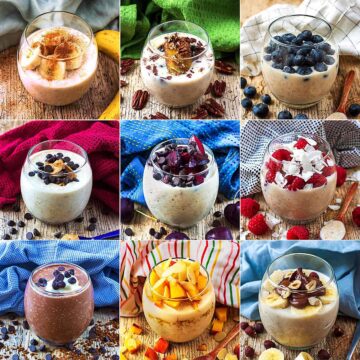 Nine photo collage of different overnight oats.