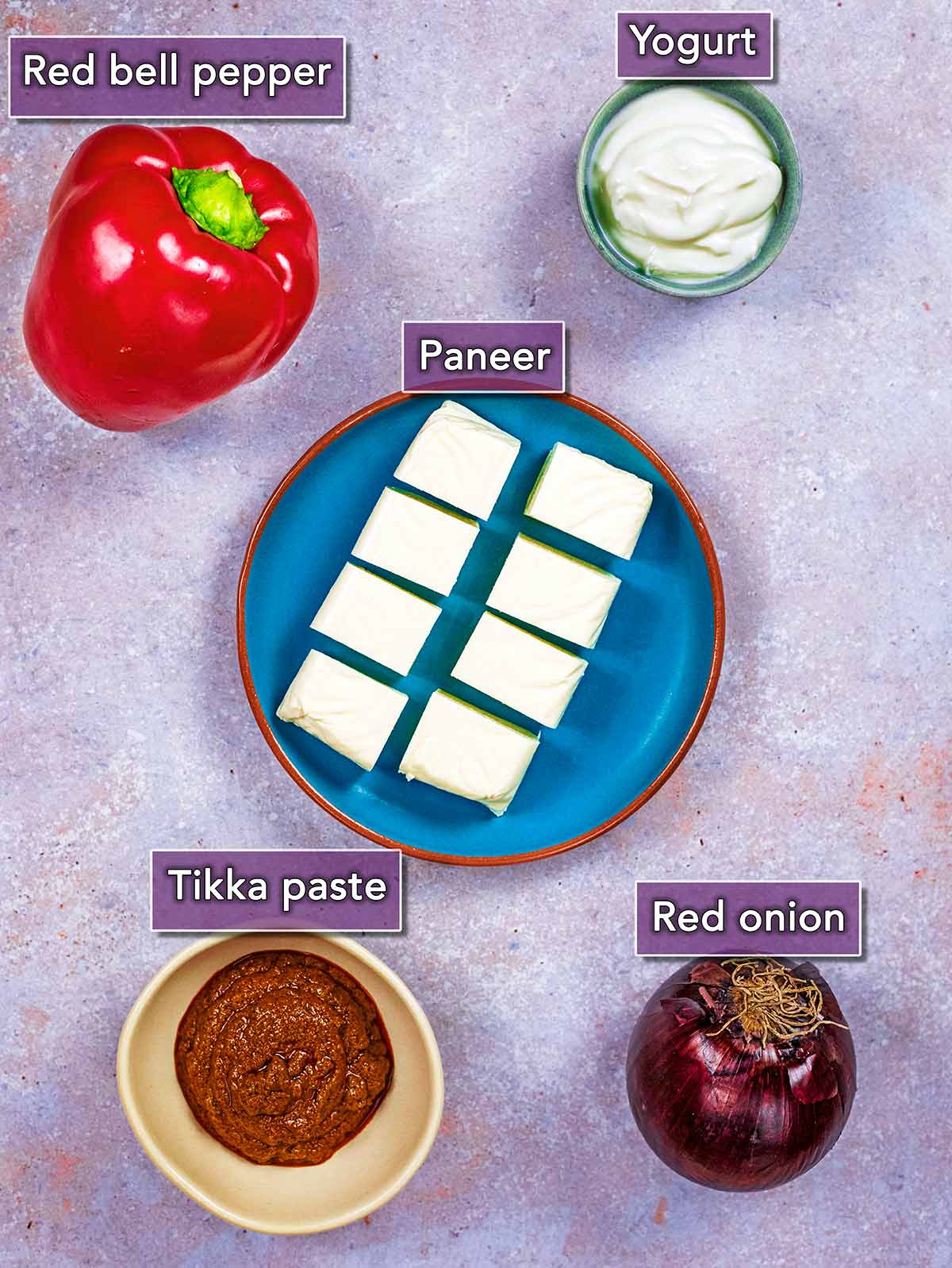 All the ingredients needed to make this recipe laid out with text overlay labels.