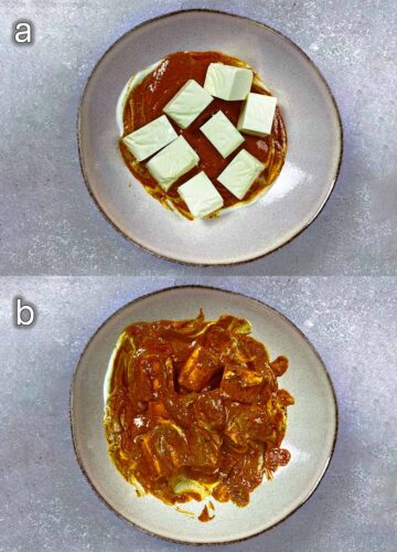 Two shot collage of cubes of paneer and tikka marinade in a bowl, one unmixed and one mixed.