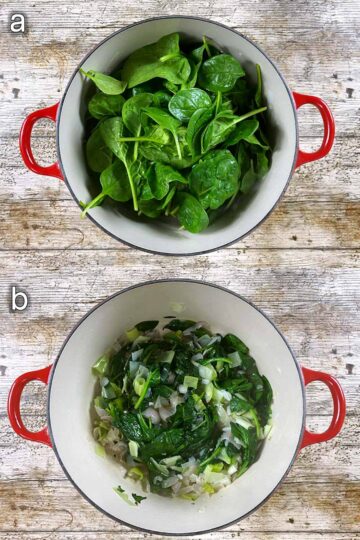 Two shot collage of spinach wilting in the pan.