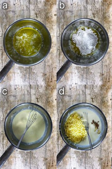 Four shot collage of a saucepan and the process of making béchamel sauce.