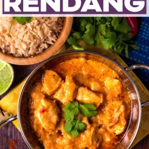 A bowl of chicken rendang and a bowl of rice with text title overlay.