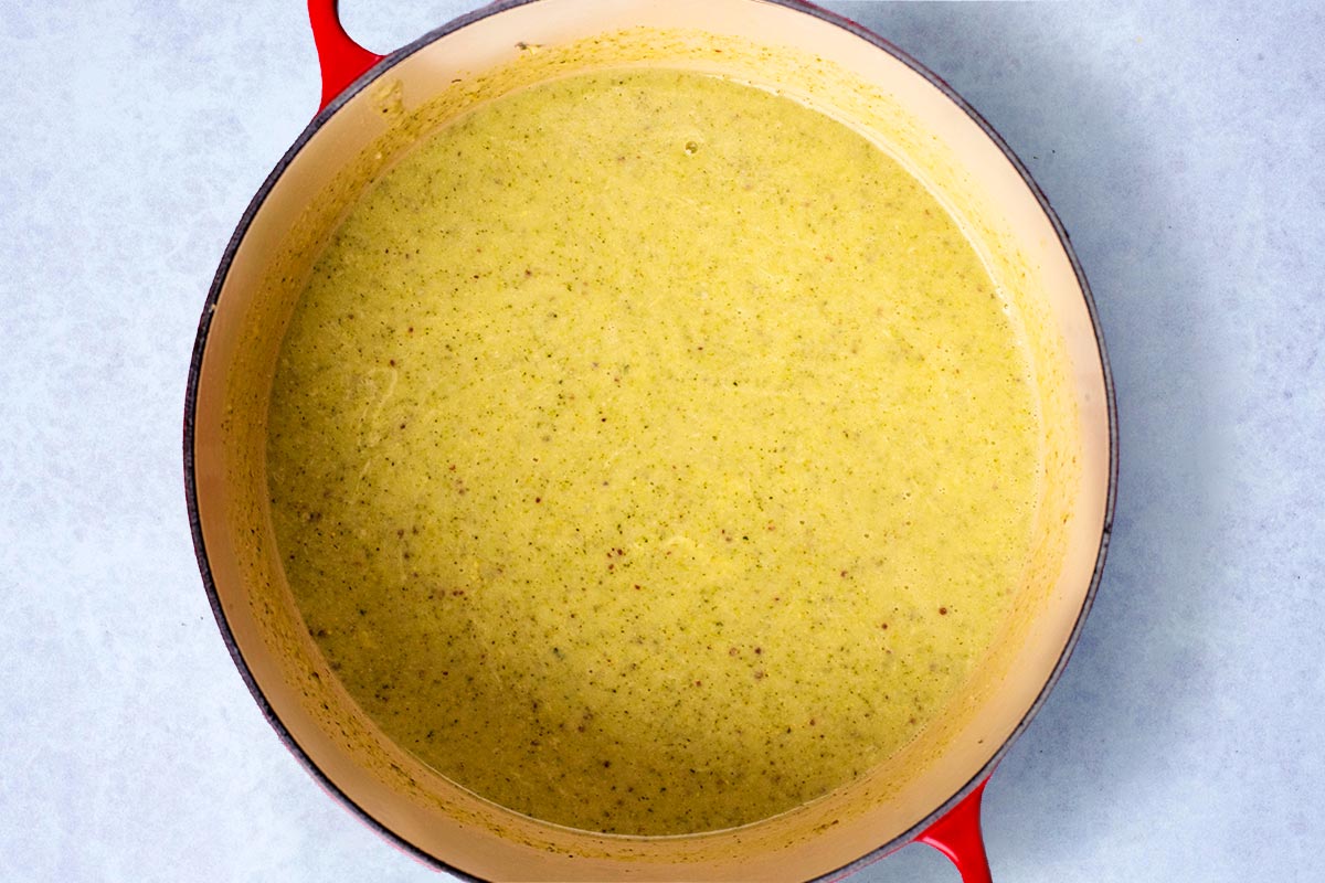 Blended soup in the pan.