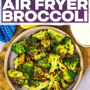 Crispy air fryer broccoli on a plate with a text title overlay.
