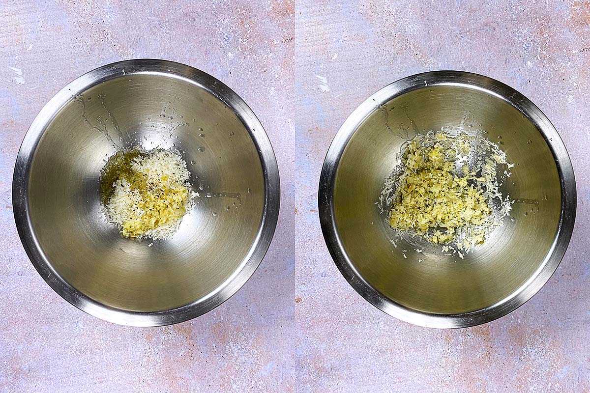 Two shot collage of oil, garlic, lemon juice, salt, pepper and parmesan in a bowl, unmixed then mixed.