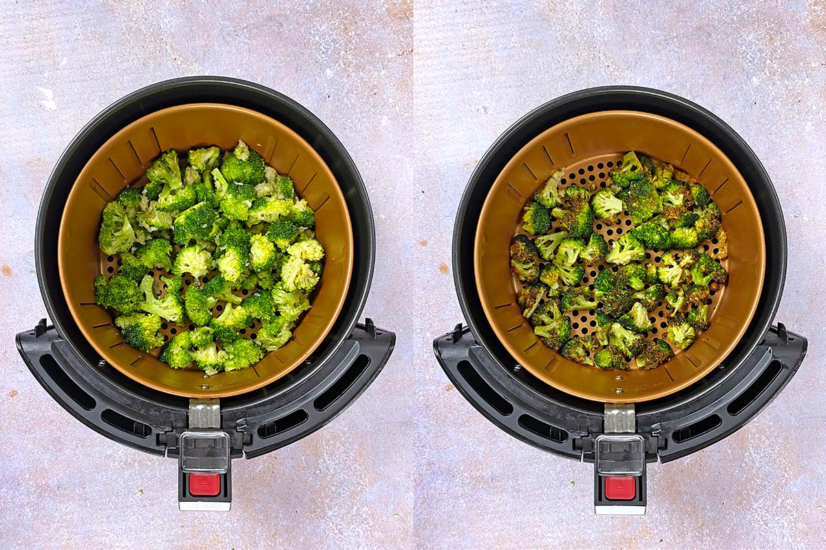 Two shot collage of an air fryer basket, one with uncooked broccoli floret the other with cooked broccoli.