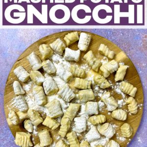 Leftover mashed potato gnocchi on a serving board with a text title overlay.