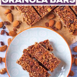 No bake granola bars on a plate and serving board with a text title overlay.