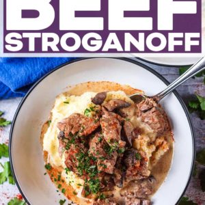A bowl of beef stroganoff and potatoes with a text title overlay.