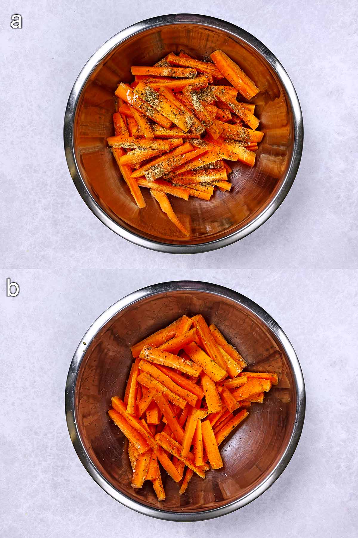 Two shot collage of carrot battens in a bowl with herbs, unmixed and then mixed.