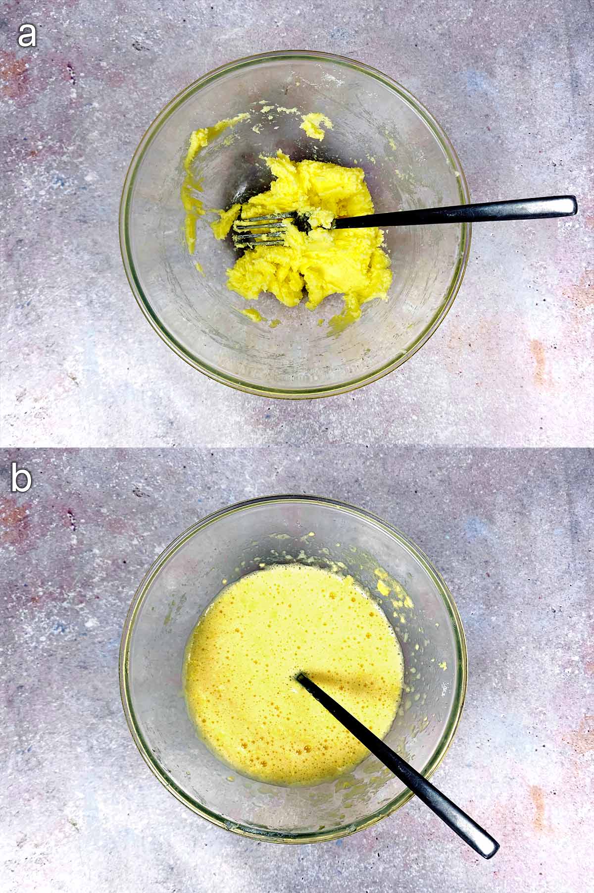 Two shot collage showing a bowl with creamed sugar and butter and then with whisked egg mixed in.