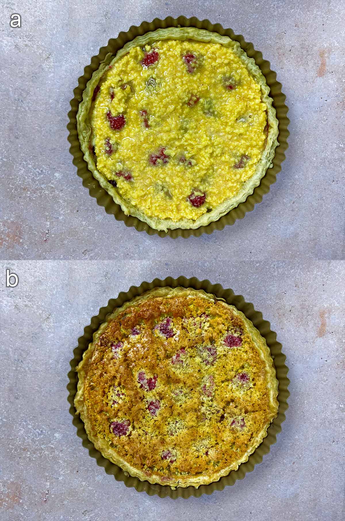 Two shot collage with uncooked and then cooked Bakewell pudding.