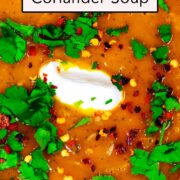 Carrot and coriander soup with a text overlay title.