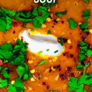 Carrot and coriander soup with a text overlay title.