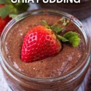 Chocolate chia pudding with a text overlay title.