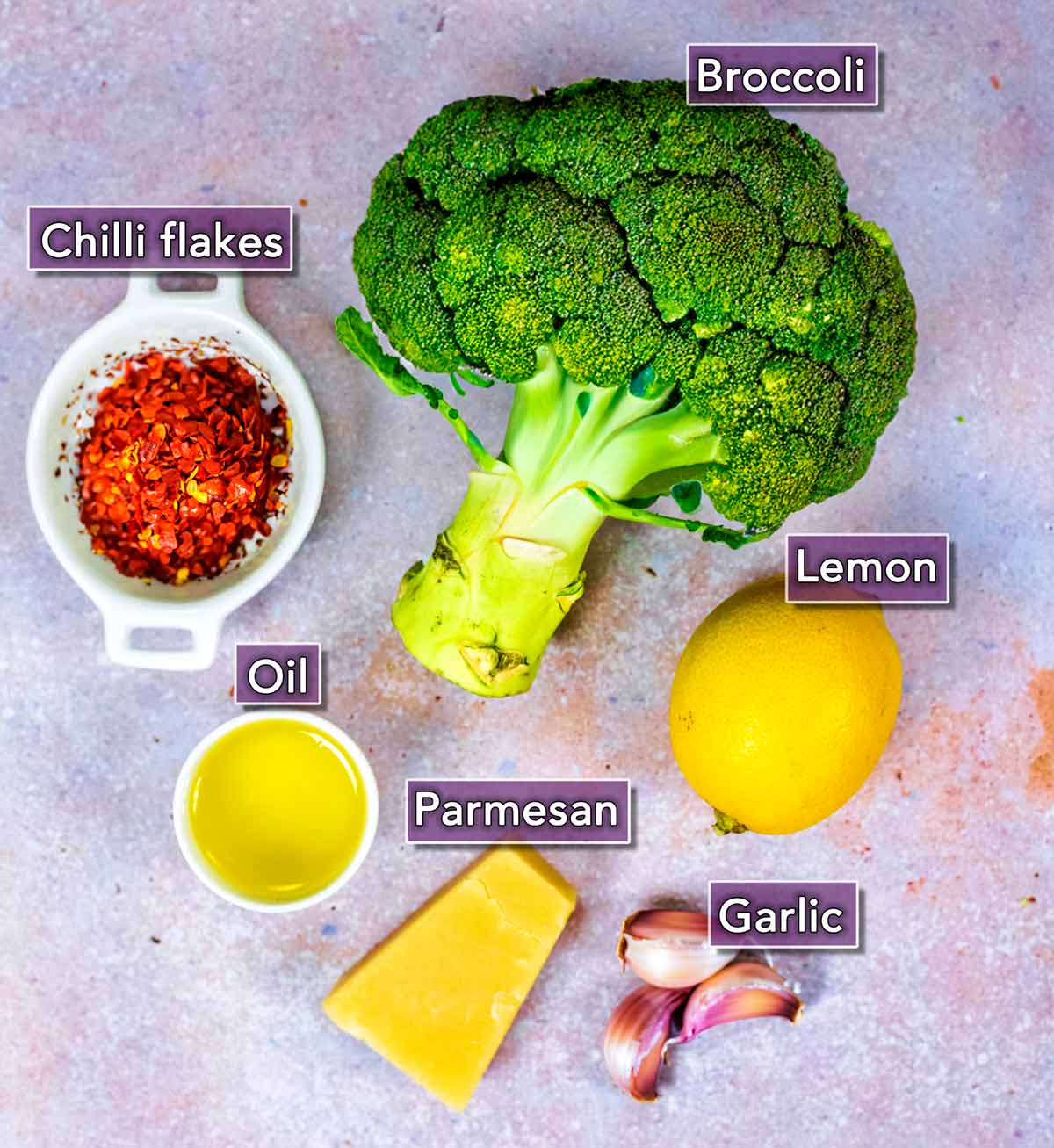 All the ingredients needed for this recipe laid out with text overlay labels.