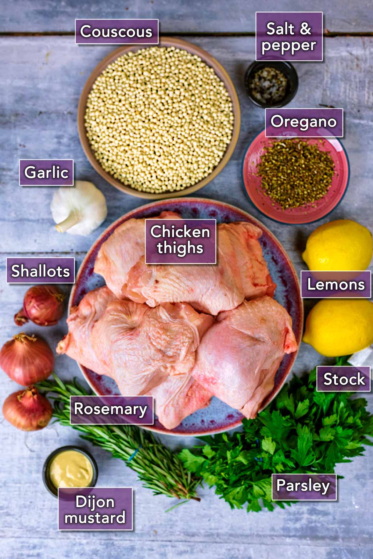 All the ingredients needed for this recipe laid out on a wooden surface.