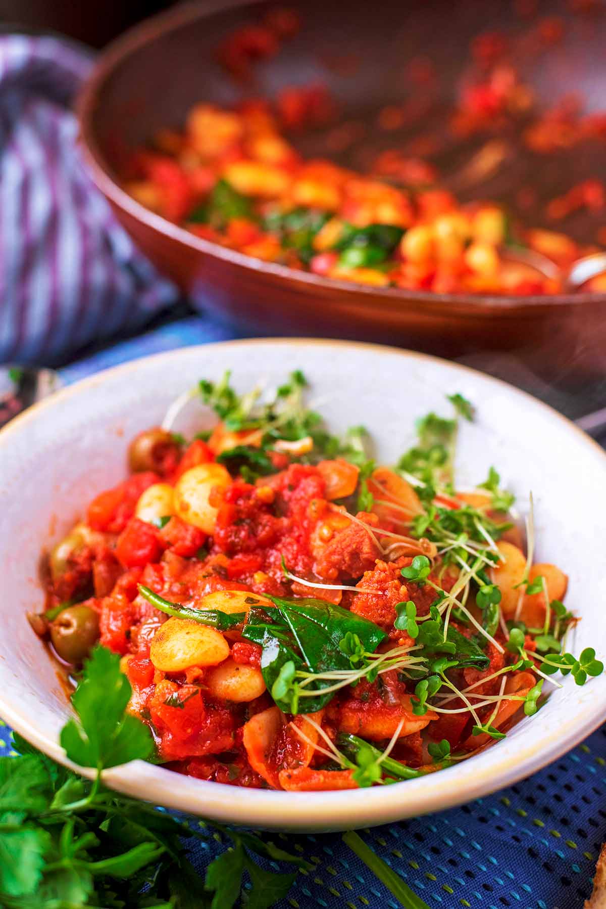 A bowl of Spanish stew in front of a pan of more stew.