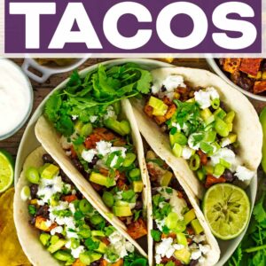 Sweet potato and black bean tacos with a text title overlay.