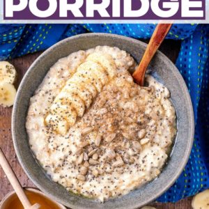 A bowl of banana porridge with a text title overlay.